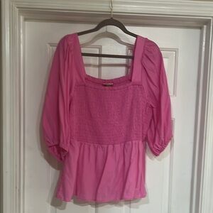 Ava & Viv Pink Puff Sleeve Smocked Peplum Blouse